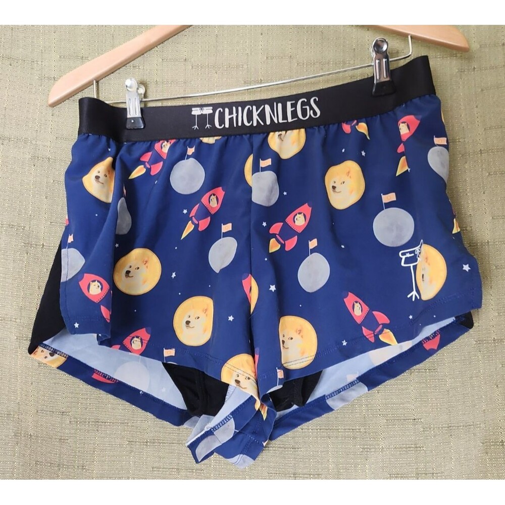 Chicknlegs Men's Split Leg Lined Running Shorts, Moon, Dog, Rockets, Size Large